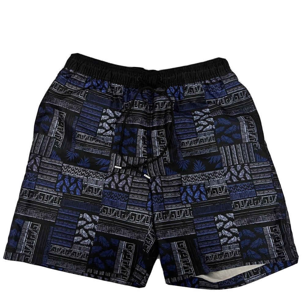 NWT Kirkland Signature Men's Medium Swim Shorts Black Gray Blue Print